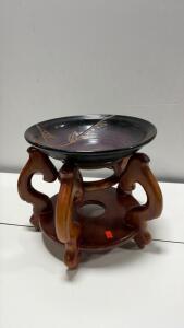 Signed Holly Maas Ceramic Bowl with Vine Motif + Carved Wood Stand 9" USA Contemporary