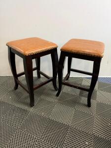 Pair of Square Leather Bar Stools with Wood Frame, Nailhead Trim, and Footrest