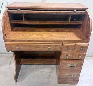Classic Wood Roll-Top Desk with 9 Drawers, Brass Hardware, Ample Storage & Pigeonholes