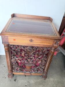 Antique Victorian Davenport Desk, Mahogany, Intricately Carved Floral Front, Leather Writing Surface