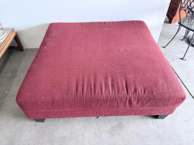 Large Square Burgundy Upholstered Ottoman, 40"x40", Wood Legs, Fabric Top