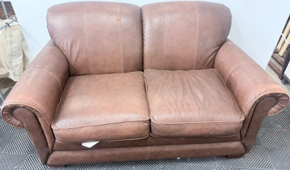 Brown Leather Loveseat, Rolled Arm, Removable Cushions, Approx. 65"x38"x36", Pillow Back