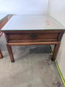 Wooden End Table with Glass Tops, Drawer Storage, Brass Handles, 22"x22"x22"