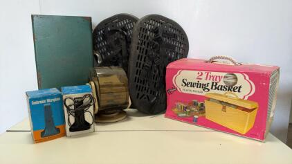 Vintage Rolodex Rotary Card File, Snow shoes, Vintage carry case, Vintage Conference Mic, Sewing Caddy.