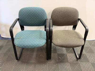 Pair of Upholstered Sled Base Guest Chairs, Blue & Gray, Arms, Steel Frame, 33" H x 23" W x 23" D