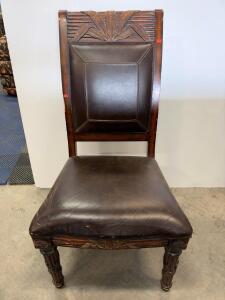 Antique Carved Wood Dining Chair, Leather Upholstery, Foliate Motif, 39" Tall, 1920s-1940s