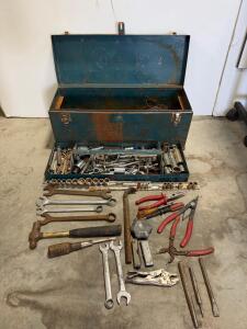 Large Vintage Metal Toolbox w/ 40+ Mixed Hand Tools, Sockets, Wrenches, Pliers, 30" Steel Case