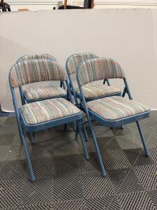 Set of 4 Blue Metal Upholstered Folding Chairs, Padded Seat & Back, 18.5" Wide