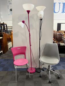 Pink & Black Torchiere Floor Lamps, Dual Light Combo, Adjustable Reading Arm, 71" Tall Matching chairs