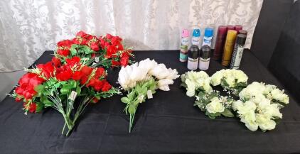 Lot Of (15) Assorted Artificial Short Stemed Flowers, (5) Artificial Flower Centerpices & (11) Spray Cans Of Assorted Air Freshener