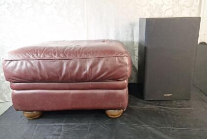(1) Burgundy Foux Leather Ottoman, 28"L x 24"W x 18"T & (1) Sony SS-U6030 Stereo Speaker