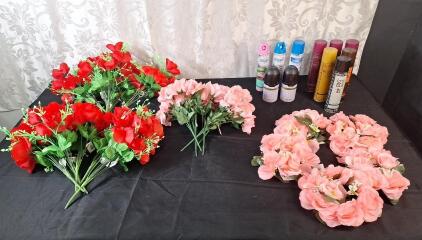 Lot Of (15) Assorted Artificial Short Stemed Flowers, (5) Artificial Flower Centerpices & (11) Spray Cans Of Assorted Air Freshener