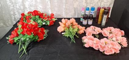 Lot Of (15) Assorted Artificial Short Stemed Flowers, (5) Artificial Flower Centerpices & (11) Spray Cans Of Assorted Air Freshener