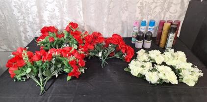 Lot Of (15) Assorted Artificial Short Stemed Flowers, (5) Artificial Flower Centerpices & (11) Spray Cans Of Assorted Air Freshener