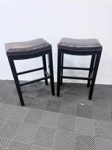 Pair of Backless Black Wood Bar Stools, Faux Leather Seats, 30" Height, Nailhead Trim