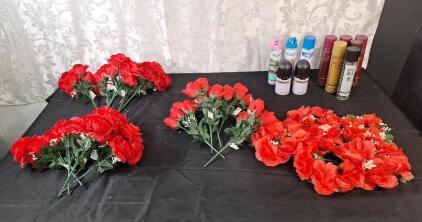 Lot Of (15) Assorted Artificial Short Stemed Flowers, (5) Artificial Flower Centerpices & (11) Spray Cans Of Assorted Air Freshener