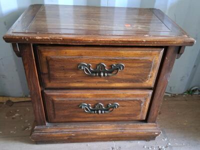 Traditional 2-Drawer Wooden Nightstand &ndash; Ornate Metal Handles, Brown Finish