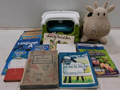 Educational Book Lot (Abeka, Rainbow, Phonics, Science, Booster Seat, Cow Toy, 13 pcs)