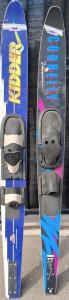 Kidder XO Comp Combo Slalom Water Ski, Classic Graphics and Connely Vision Slalom Water Ski, Dual Bindings, Early 1990s, Black/Blue Graphics