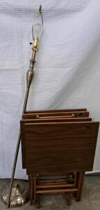 Vintage Solid Wood TV Tray Set with Stand (4 Trays, Walnut Finish) & Brass Floor Lamp, Classic (Doesn't Turn On)