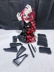 Animated Red & Black Harlequin Clown Prop with Moving Parts, Battery Operated, 32in Height