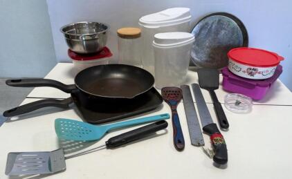 Misc Kitchen Lot: T-fal Nonstick Pans, Mercer M23111 Bread Knife, Tupperware Disney, Grater, Kitchen Lot 19pcs