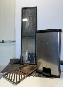 Assorted Household Lot: Full-Length Black Mirror, 13 Gal SS Trash Can, Cast Iron Grate, Fabric, Pendant