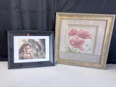 Framed Art Prints: Vivian Flasch Red Poppies 23"x23" & Woman with Flowers, Both Matted & Glazed