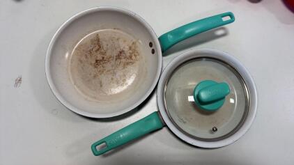 Misc Kitchen Lot: Orange Enamel-Coated 1.7-Quart Whistling Tea pot, Various pots & Pans, Tasty brand, cutting boards & Tupperware