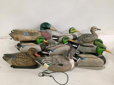 Set of 9 Mallard & Pintail Duck Hunting Decoys, Weighted Keels, Mixed Drake/Hen, Rigged