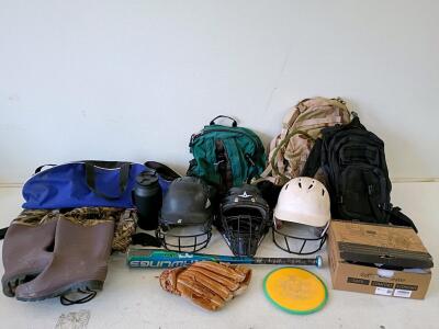 Mixed Outdoor and Sports Gear Lot &ndash; Backpacks, Baseball Gear, Waders, Disc Golf, Heater