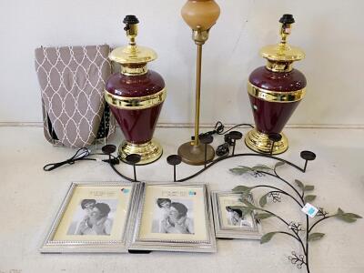 Mixed Home Decor Lot: Urn-Style Table Lamps, Art Deco Floor Lamp, Frames