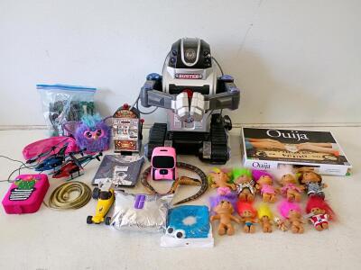 Mixed Lot: Buster Robot, Ouija Board, RC Helicopters, Casino Slots, Troll Dolls, Plush & More