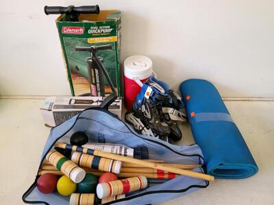 Franklin 6-Player Croquet Set, Coleman Pump, Intex Pump, Hypno Skates, Cooler, Yoga Mat Lot