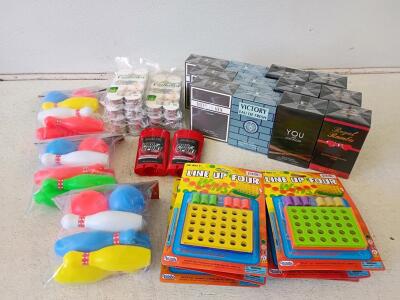 Assorted Retail Lot: Arcady Toys Line Up Four, Bowling Games, Perfume, Candles, Deodorants
