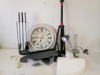 Westminster Wall Clock, Fireplace Tool Set, Desk Lamps, Keyboard Tray, Tripod, Shelf Lot