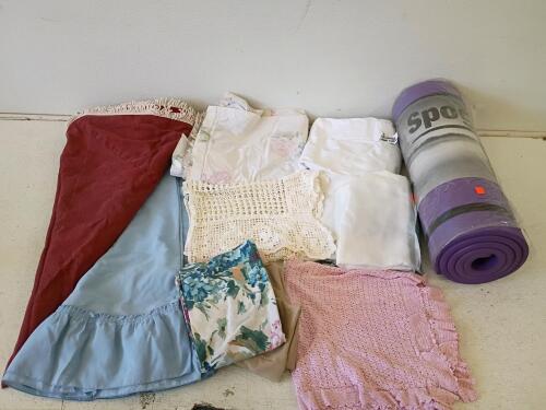 Assorted Bedding, Linens, and Table Cloth Lot with Foam Yoga Mat, Includes Hand-Crocheted Throws