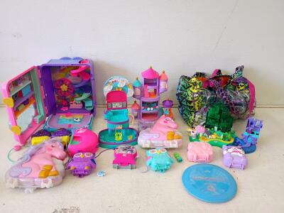 Polly Pocket Fantasy & Animal Playset Lot, 13+ Compacts, Figures, Carry Bag, Castle, Unicorn