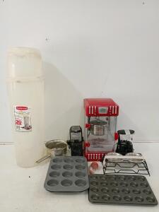 Elite Popcorn Machine, Waterpik, Coffee Grinder, Muffin Bakeware & Rubbermaid Storage Lot