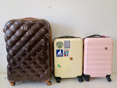 IT Luggage Brown Quilted 29" Checked Spinner, Beige 21" Carry-On with Stickers, Pink 21" Spinner Set