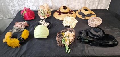 (12) Assorted Vintage Mid-20th-Century Women's Hats & Fascinators, Featuring Straw, Floral, Feathered & Netted Cocktail Designs