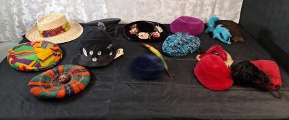 (12) Assorted Vintage Mid-20th-Century Women's Hats & Fascinators, Featuring Straw, Floral, Feathered & Netted Cocktail Designs