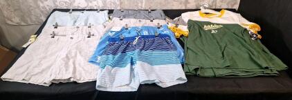 (1) Pair Of Mens Shorts, 32 Waist, (4) Pair Of Mens Shorts, 30 Waist, (2) Pair Of Mens Shorts, Size M & (8) Assorted Oakland Athletics T-Shirts, Assorted L & M Sizes