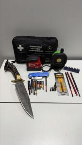 Mixed Lot - Mercedes First Aid Kit, Damascus Knife, Milwaukee Tape, Snap-on Light, Kobalt Knife, Bit Sets
