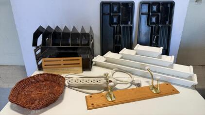 Mixed Office Organization Lot: Rogers Super Sorter, Shelves, Tray, Basket, Power Strip, Hooks