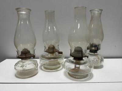 4-Antique Flat-Wick Kerosene Glass Oil Lamps with Clear Pressed Glass Design