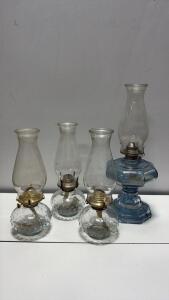 Set of 4 Vintage Glass Oil Lamps &ndash; 1 Blue Faceted, 3 Clear Dimpled, 12&ndash;14" Tall