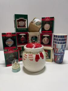 Vintage Hallmark Grandparents Ornaments, Boise State Cups, Hallmark Holiday Cookie Jar & Snow Globe Set