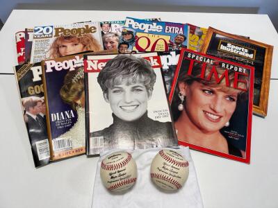 Vintage People, Time, Newsweek Diana Tribute Magazines & Wilson A1010 Baseballs Mixed Lot