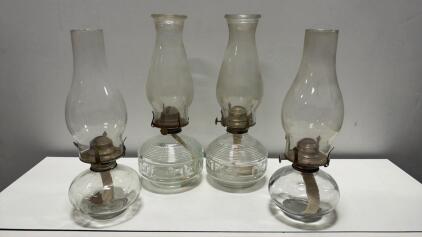 Set of 4 Vintage Glass Tabletop Kerosene Oil Lamps, 13&rdquo; Tall, Ribbed & Plain Bases